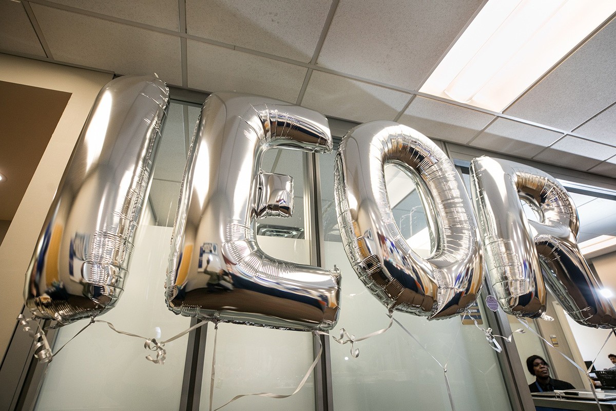 Silver balloons shaped in the letters IEOR