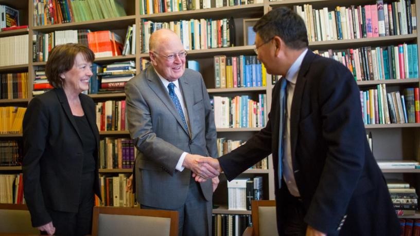 Columbia Engineering Dean Mary Boyce and Columbia University Provost John Coatsworth met with Dean Xiang Bing, founding dean of the Cheung Kong Graduate School of Business, to formalize a new partnership between the schools.