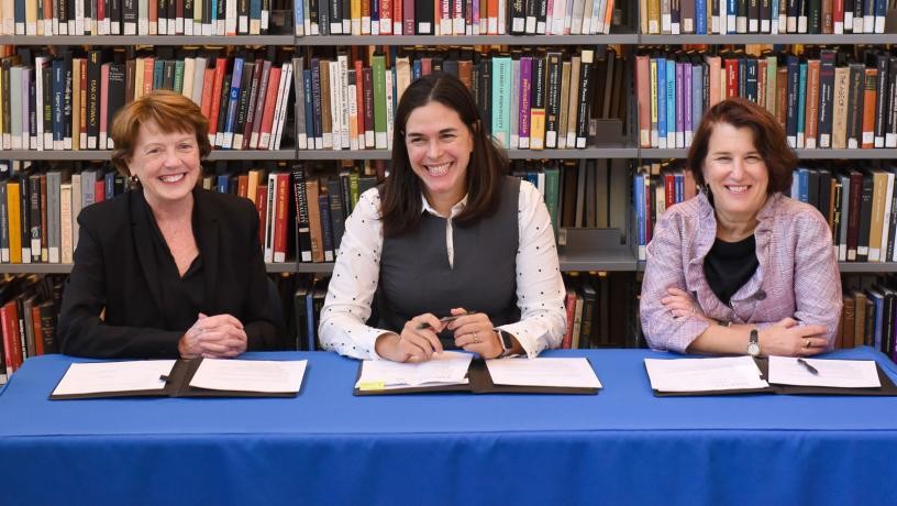 Columbia Engineering Dean Mary Boyce, Barnard President Sian Beilock, and Barnard Provost Linda Bell formalized a new partnership between the schools.