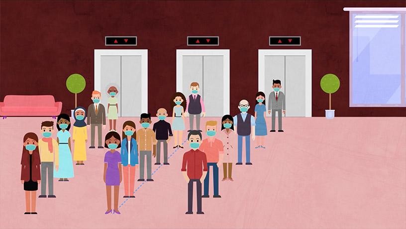 Illustration of visitors/workers queuing in the lobby of a high-rise building during a pandemic.