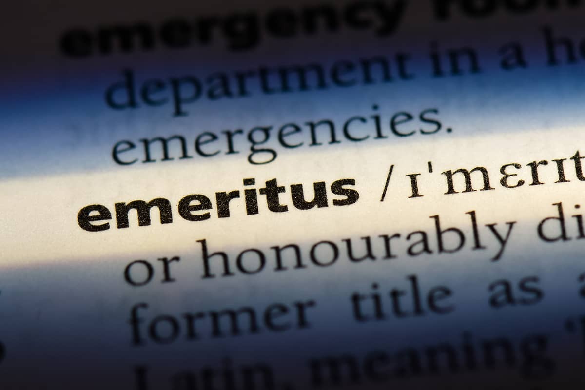 The word 'emeritus' highlighted in a dictionary