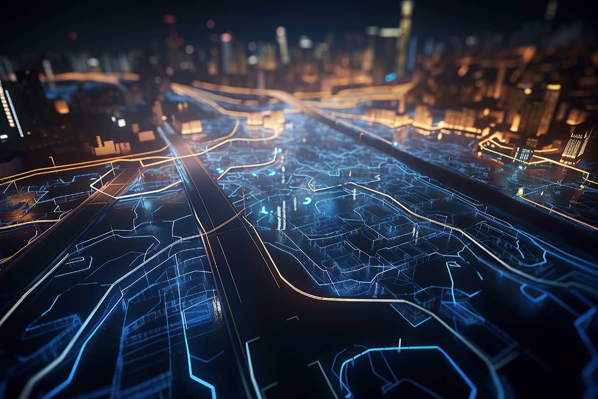 Digital city with highlighted pathways