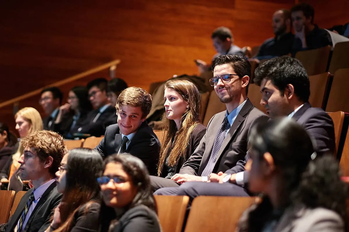 Students attentively listening in the IEOR lecture hall 