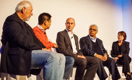 L-R: Dickson Despommier, Sonny Wu, David Rosenberg, Adnan Durrani, and Dean Mary C. Boyce.