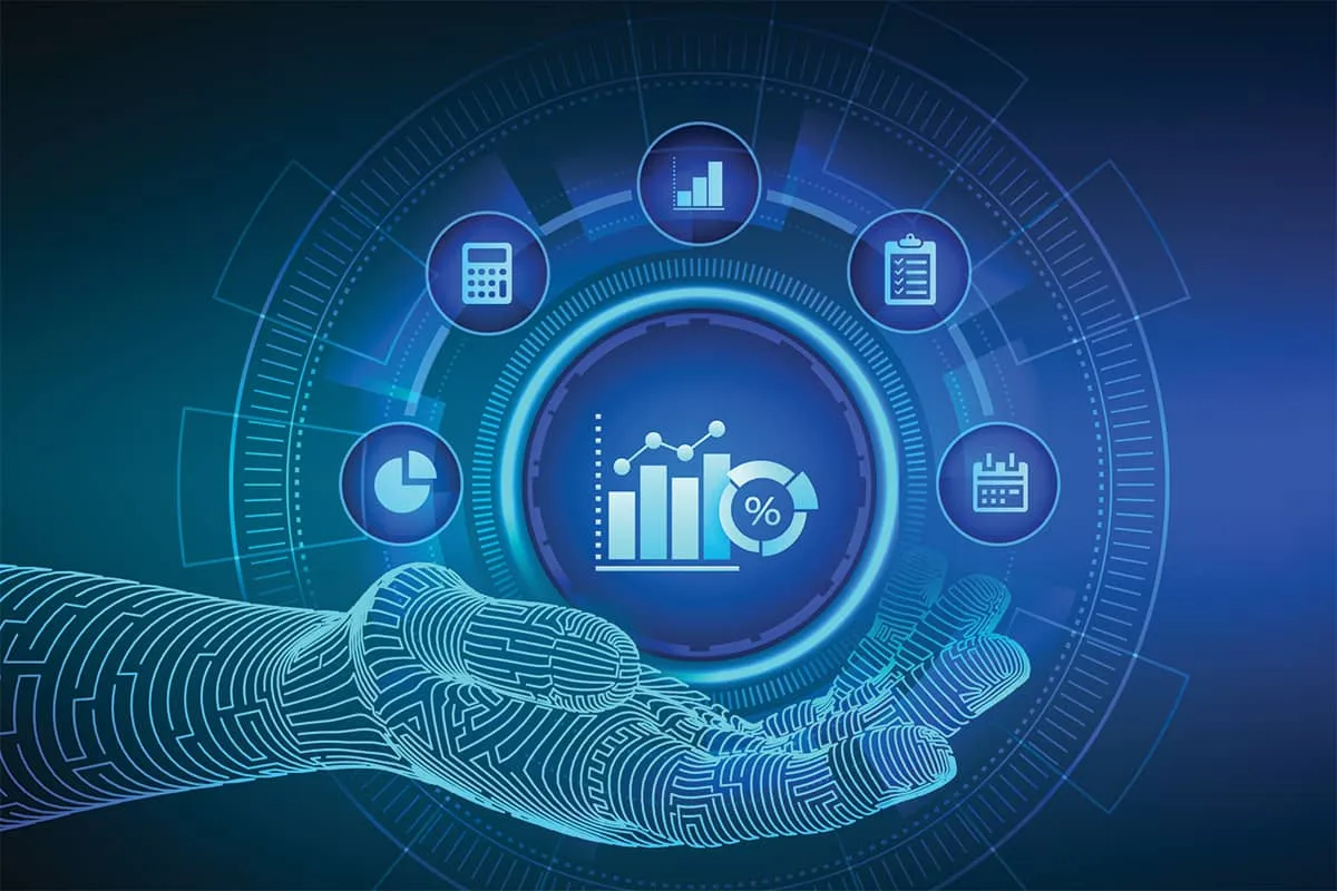 Digital hand holding a chart and several icons representing advanced data analytics and machine learning applications. 